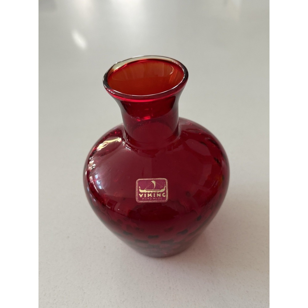Vintage Viking Dotted Glass Vase Hand Blown Glows With Sticker 5.75"